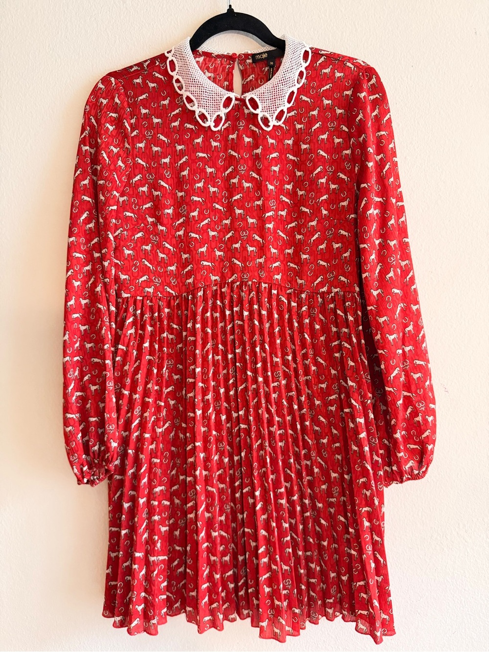 Maje Red Horse & Horseshoe Print Dress with White Crochet Trim